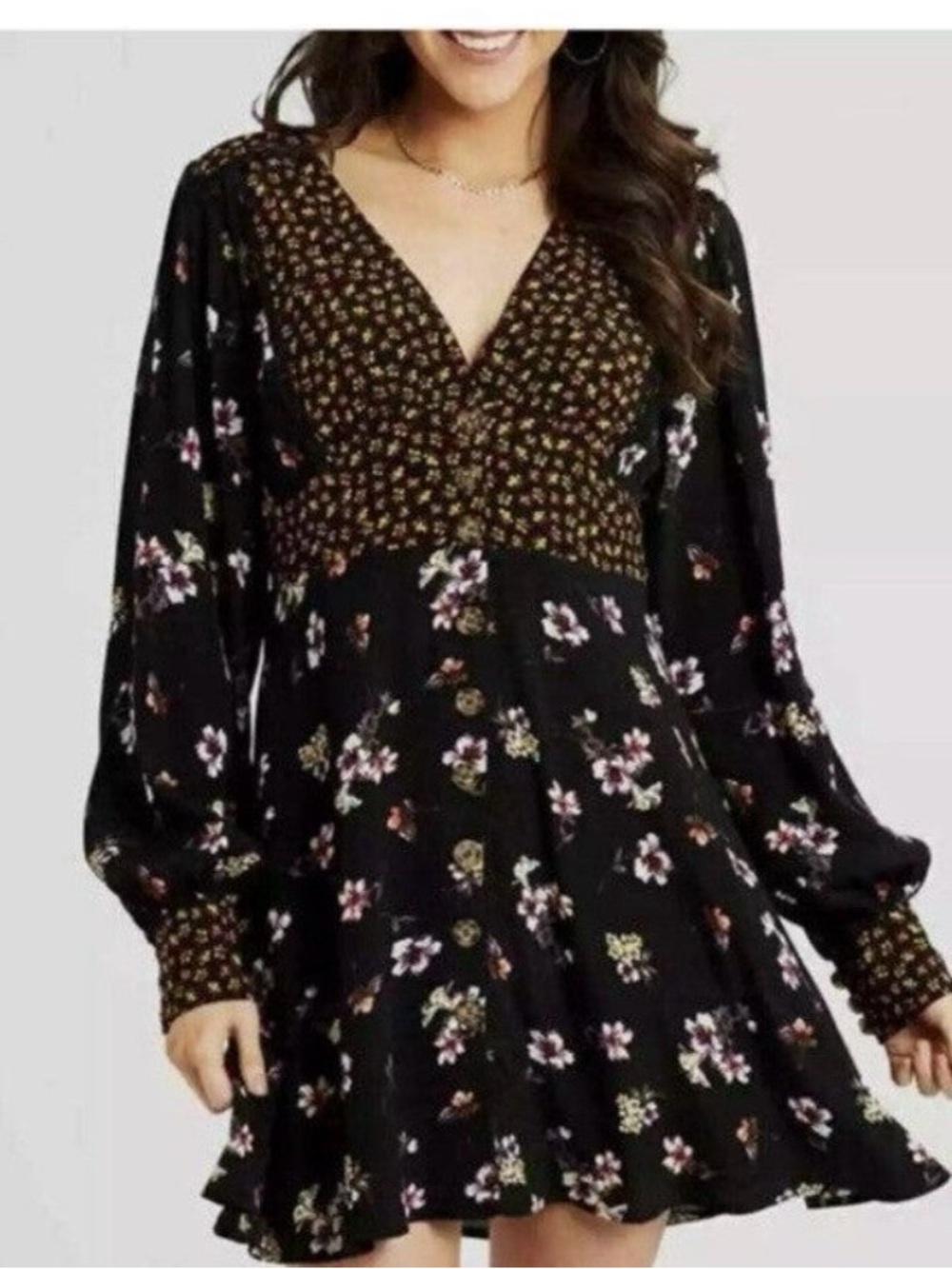 Altar’d State Size large Dress Floral Long Sleeve Boho Black Yellow Retail $80